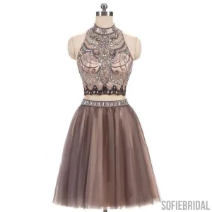 2 Pieces High Neck Rhinestone Beaded Tulle Homecoming Dresses, Short Prom Dresses, SF0090