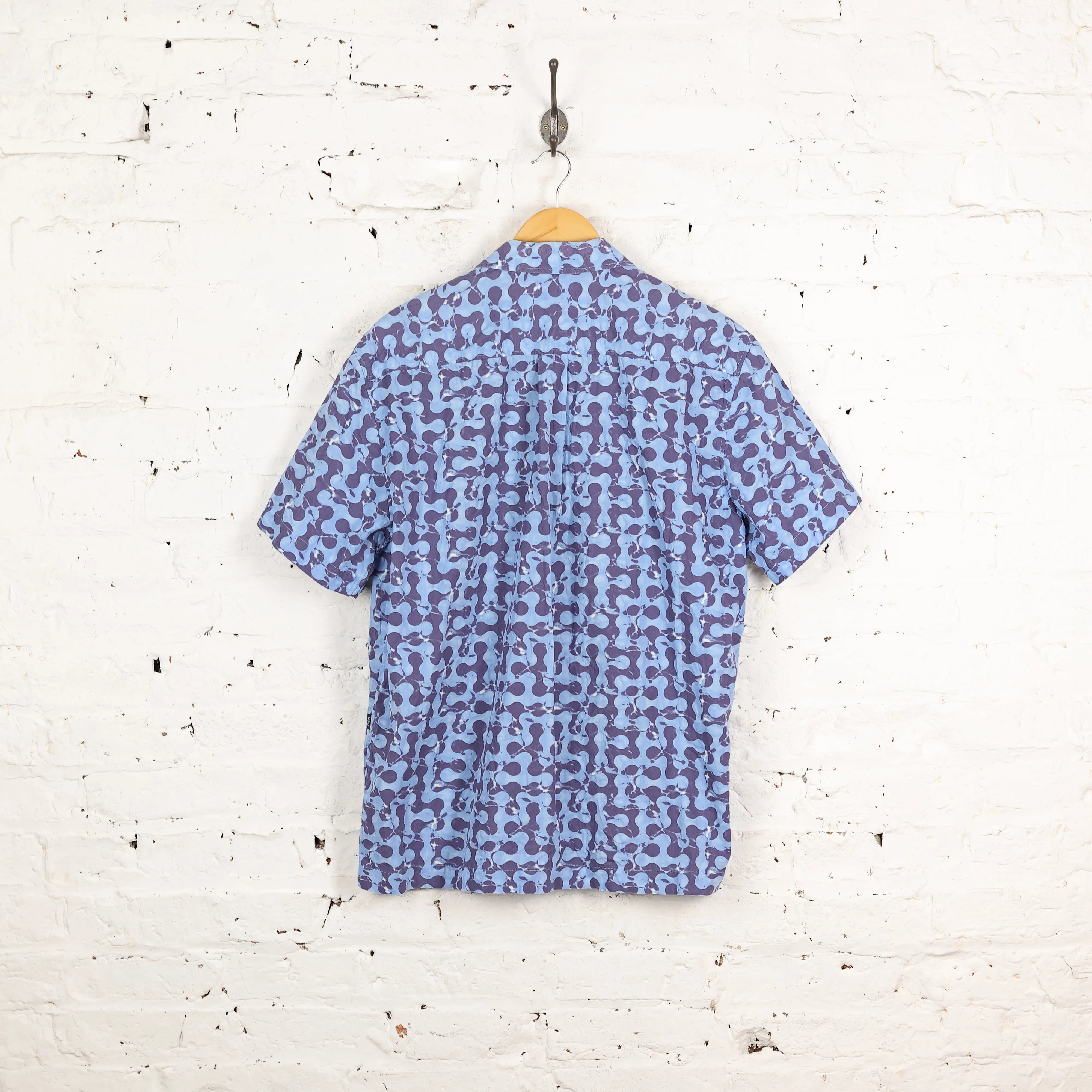 90s Short Sleeve Pattern Shirt - Blue - XL