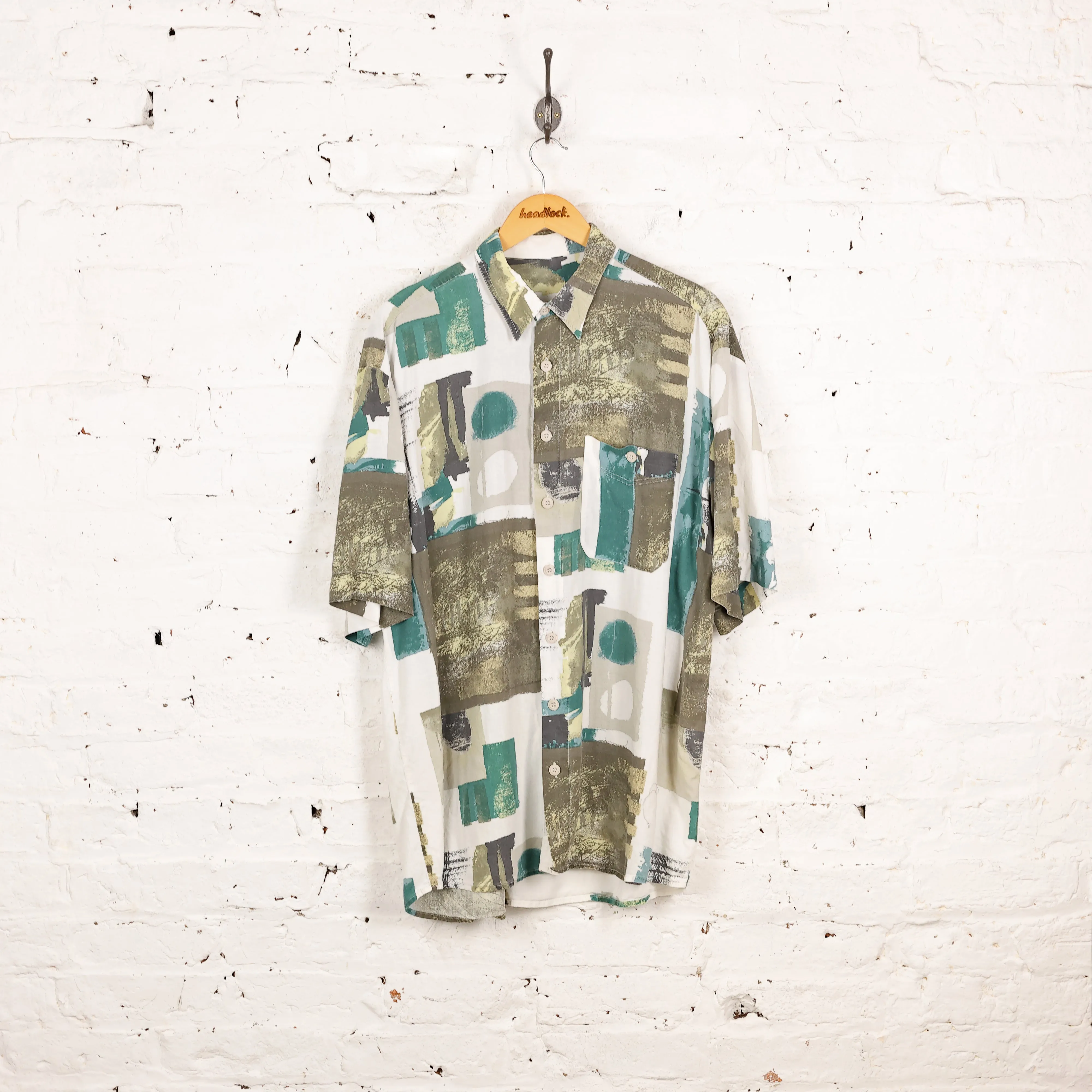 90s Short Sleeve Pattern Shirt - White - XL