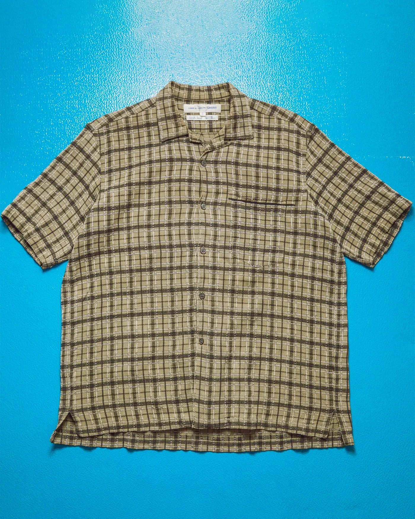 90s Woven Textured Brown Plaid Open Collar Shirt (~M~)