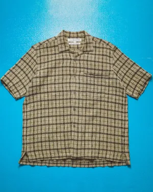 90s Woven Textured Brown Plaid Open Collar Shirt (~M~)