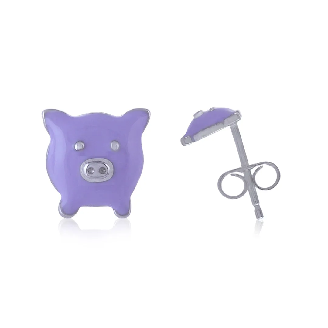 925 Sterling Silver Rhodium Plated Purple Piggy Stud For Kids