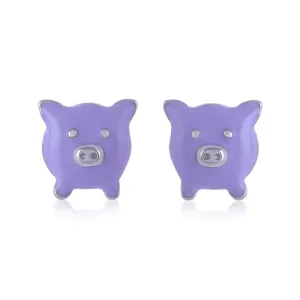 925 Sterling Silver Rhodium Plated Purple Piggy Stud For Kids