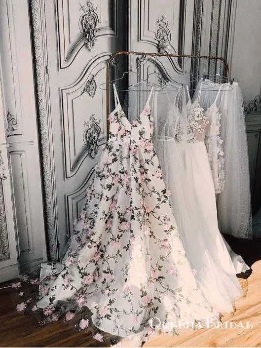 A-line Princess V-neck Floral Prom Dresses Long 3D Appliqued Lace Formal Dresses, QB0274