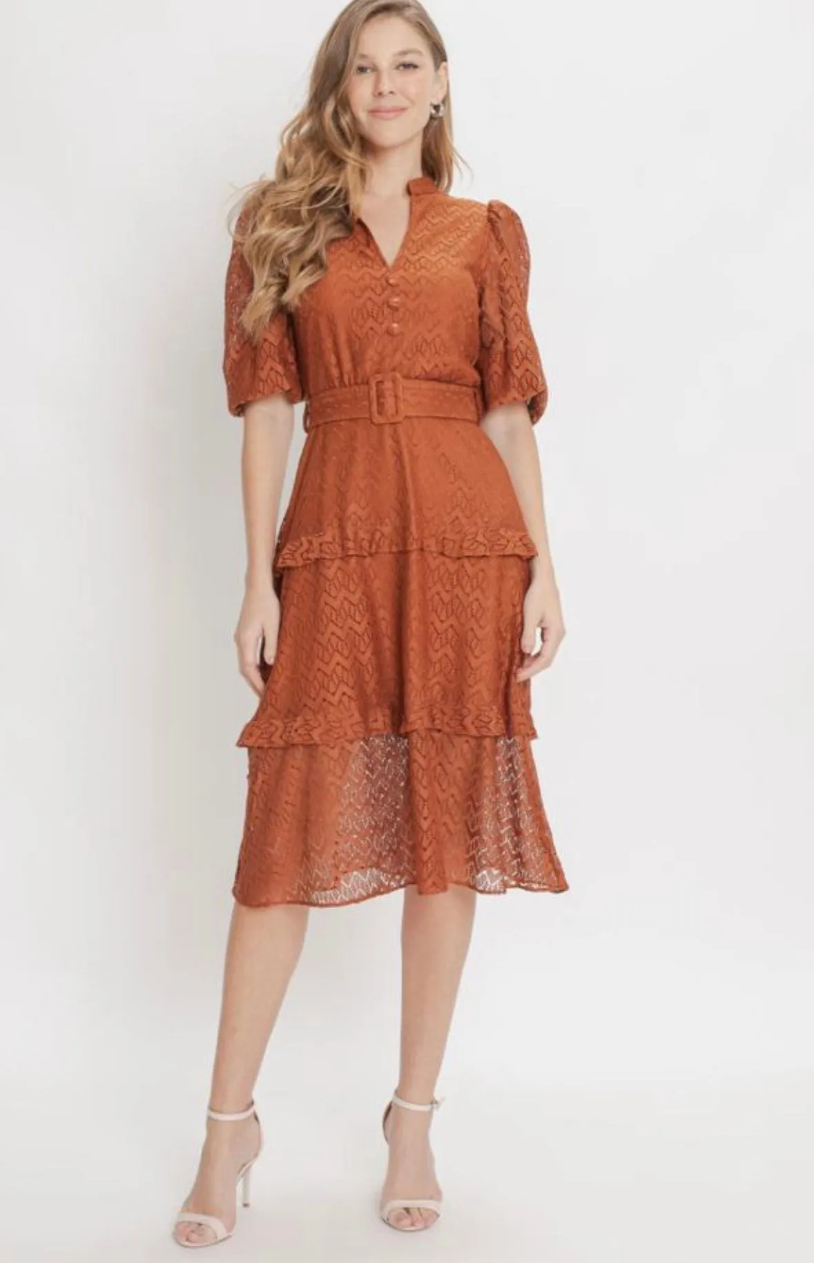 ADIRA LACE BURNT ORANGE TIERED RUFFLE MIDI DRESS