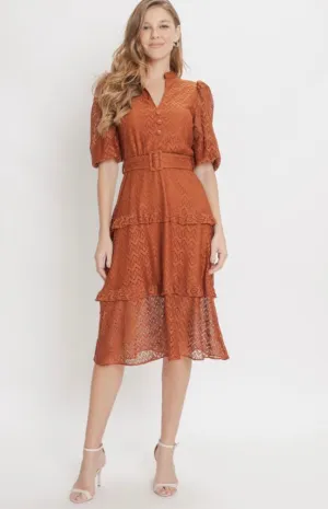 ADIRA LACE BURNT ORANGE TIERED RUFFLE MIDI DRESS