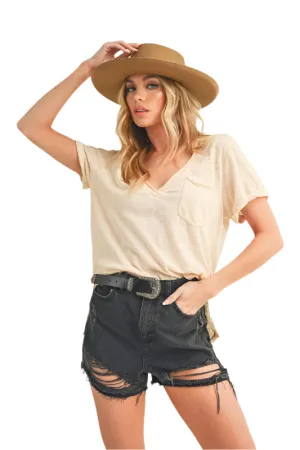 Aemi   Co Side Slit V-Neck Short Rolled Sleeve T-Shirt