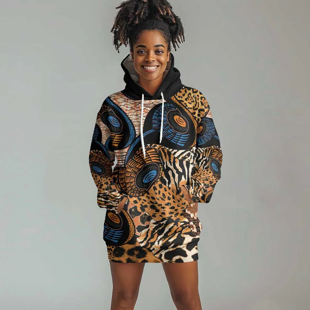 African Ankara Motifs Mixed Animal Skins Hoodie Dress LT9