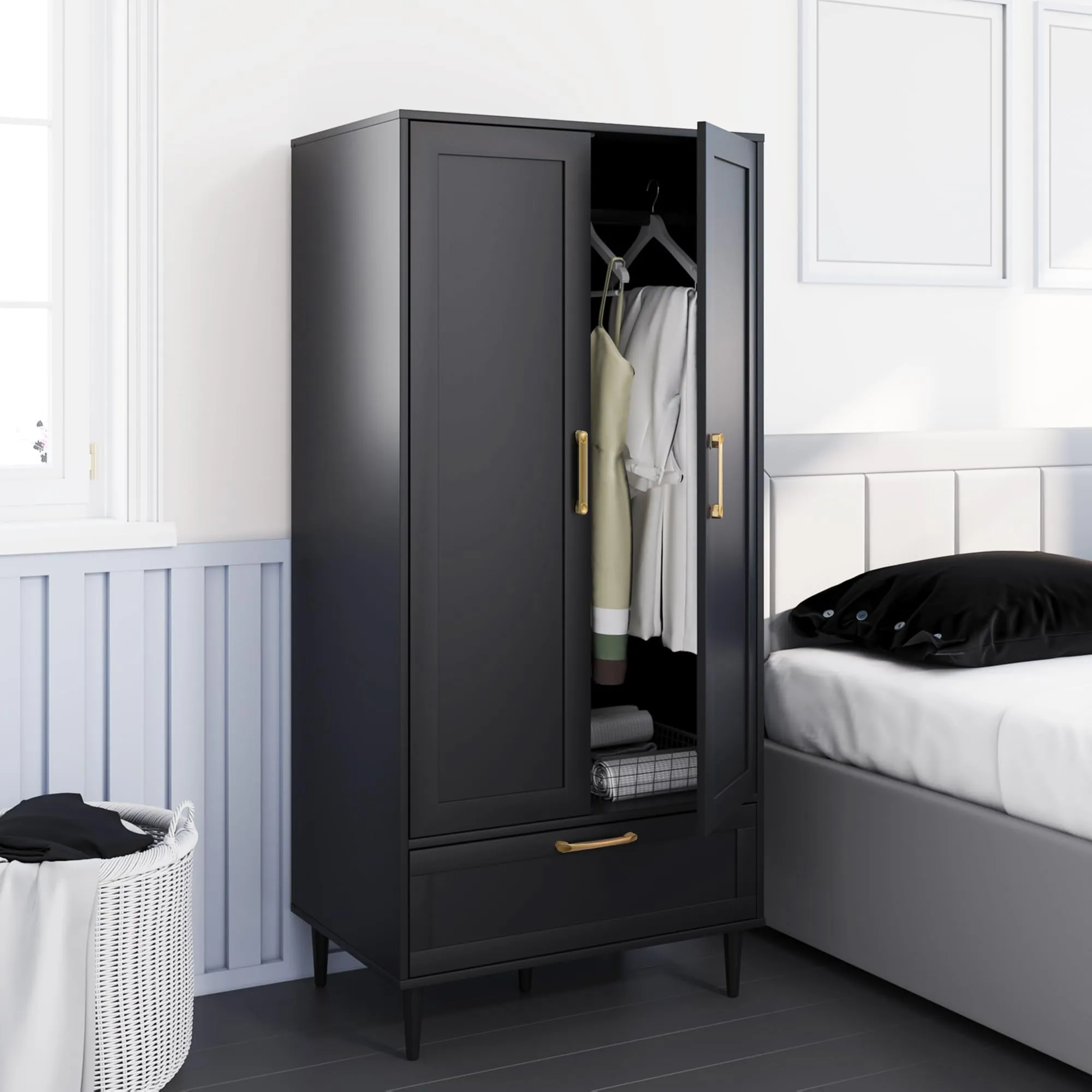 ALBSL Bedroom Armoire Wardrobe Closet with Hanging Rod,60" 2 Door Almirah for Clothes with Drawers,Morden Storage Cabinet,Black