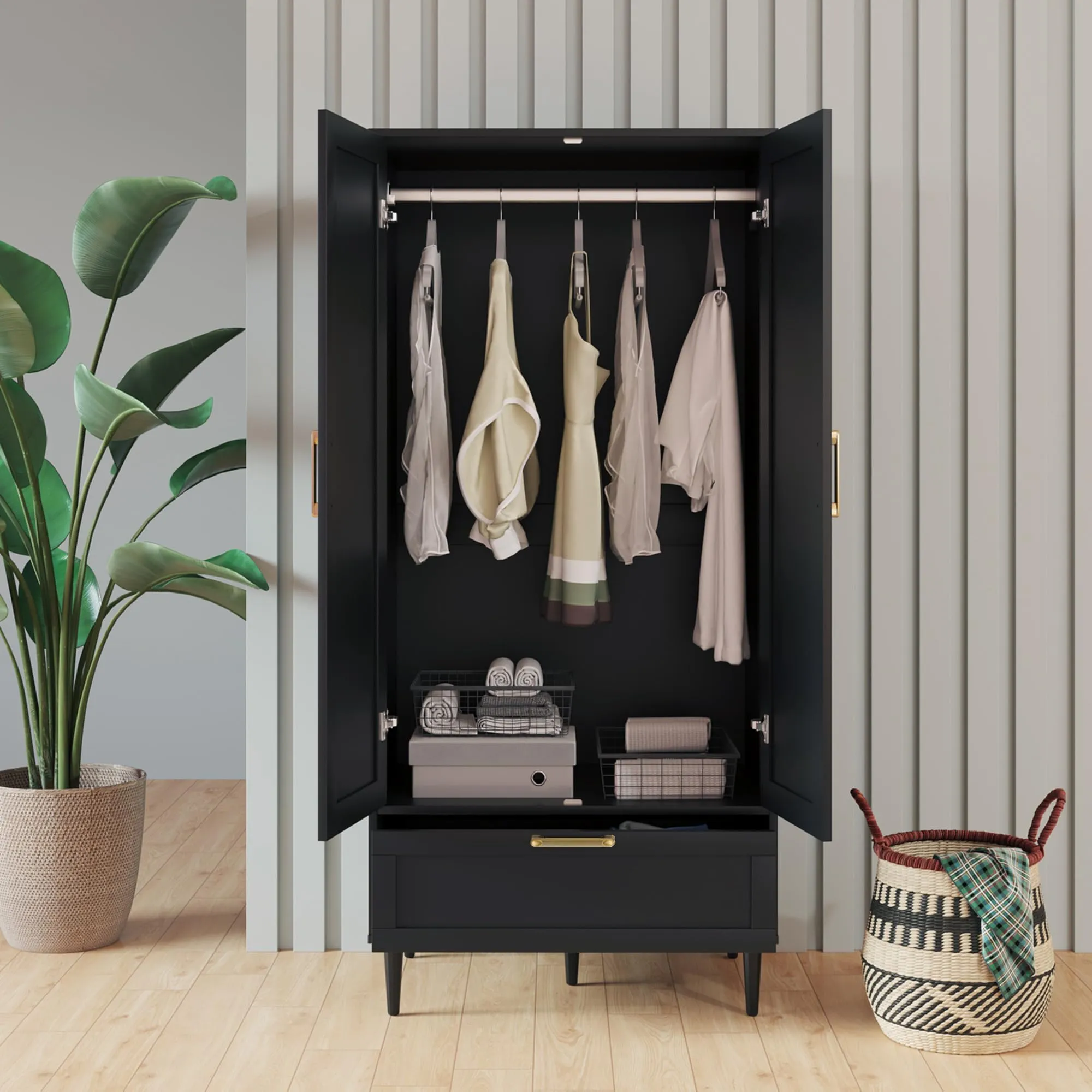 ALBSL Bedroom Armoire Wardrobe Closet with Hanging Rod,60" 2 Door Almirah for Clothes with Drawers,Morden Storage Cabinet,Black
