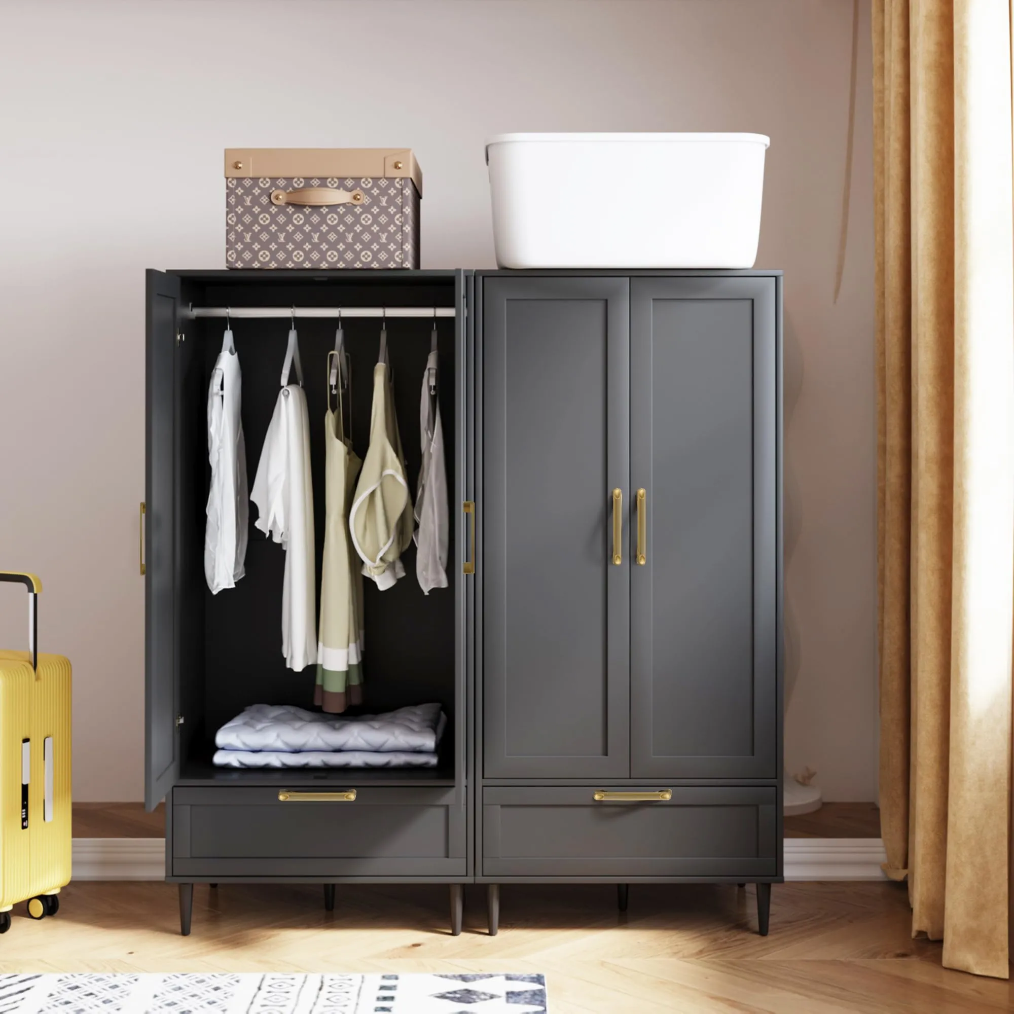 ALBSL Bedroom Armoire Wardrobe Closet with Hanging Rod,60" 2 Door Almirah for Clothes with Drawers,Morden Storage Cabinet,Black