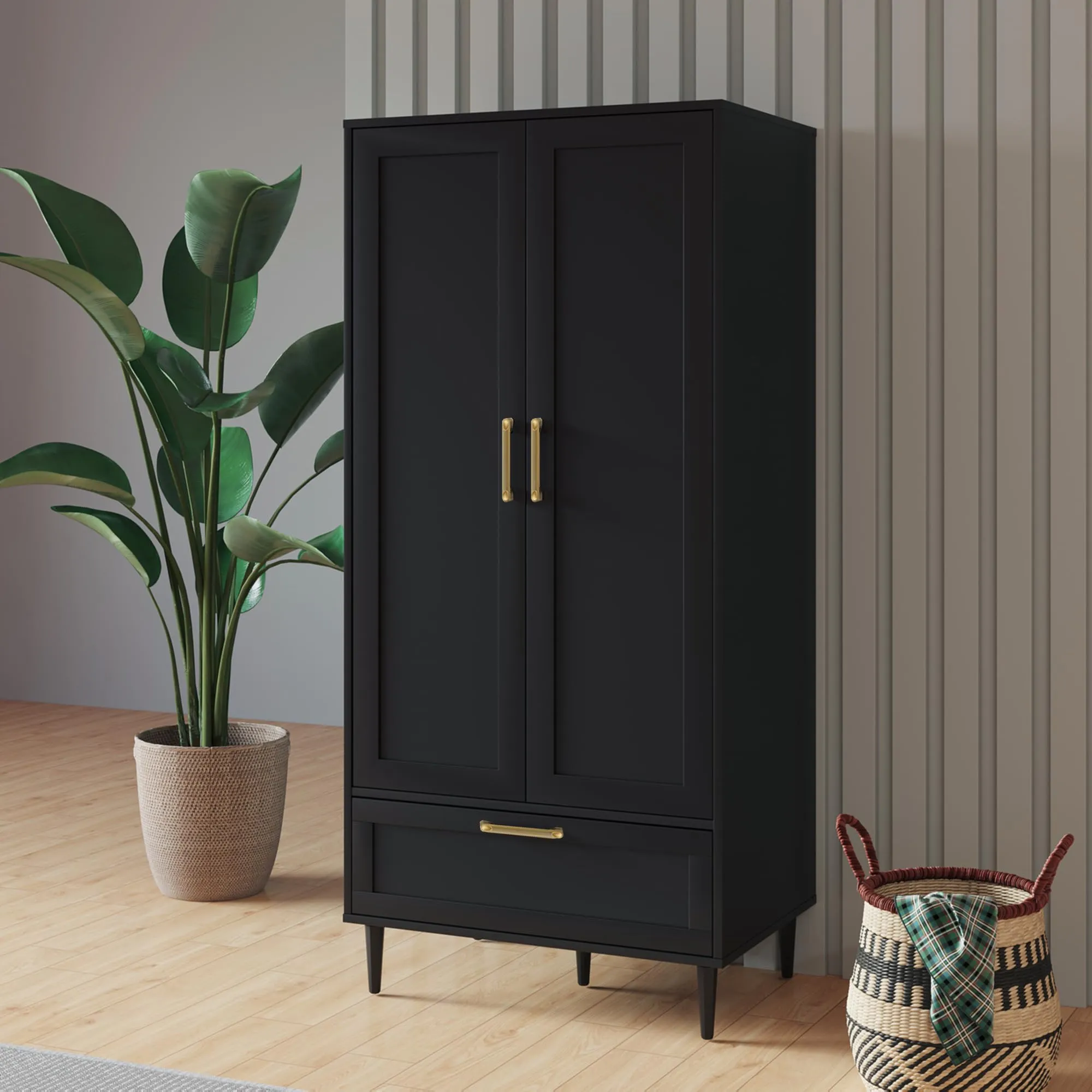 ALBSL Bedroom Armoire Wardrobe Closet with Hanging Rod,60" 2 Door Almirah for Clothes with Drawers,Morden Storage Cabinet,Black