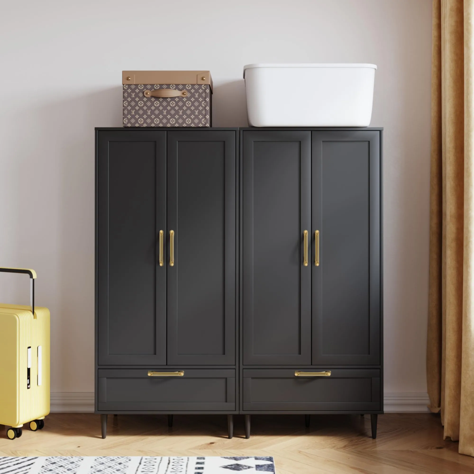 ALBSL Bedroom Armoire Wardrobe Closet with Hanging Rod,60" 2 Door Almirah for Clothes with Drawers,Morden Storage Cabinet,Black
