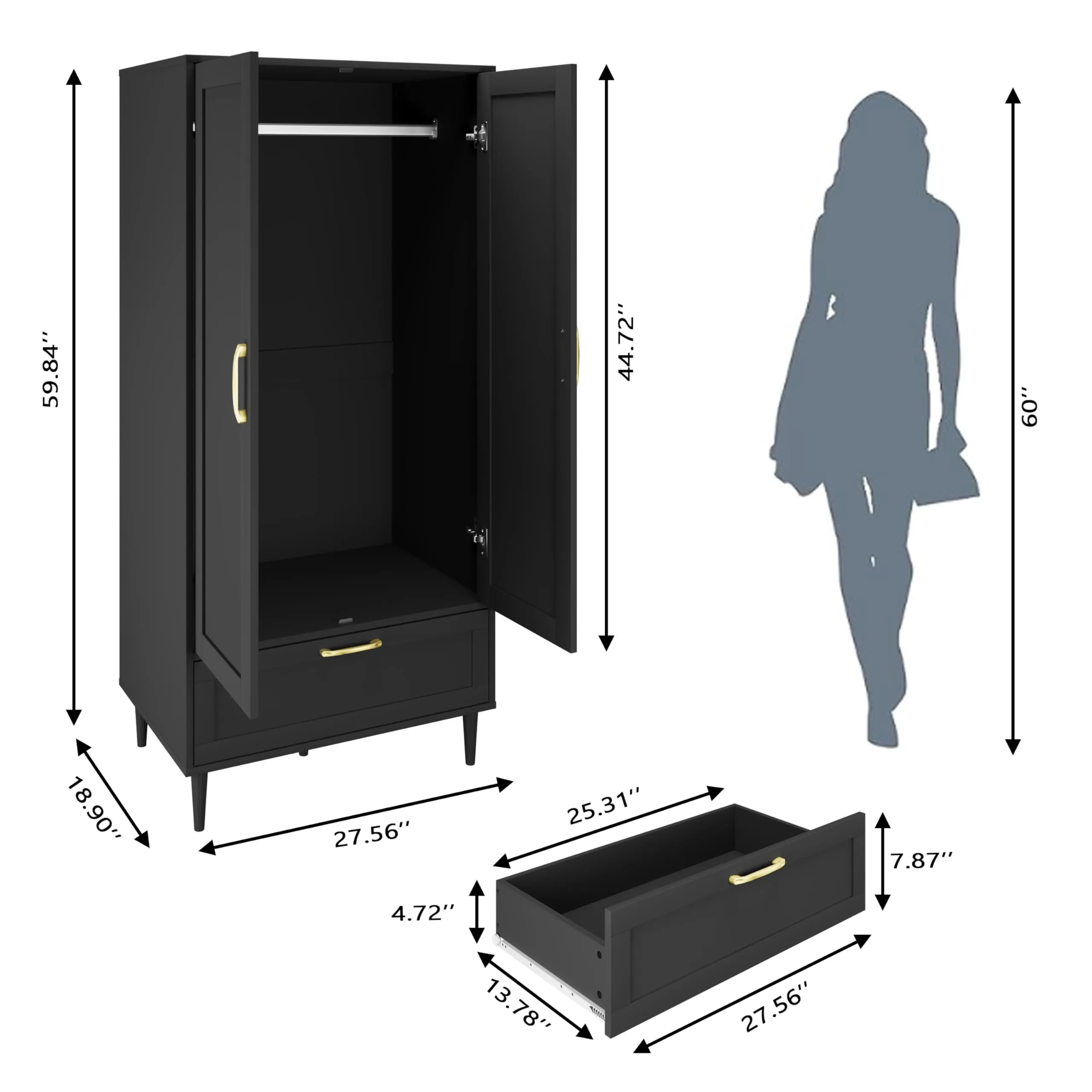 ALBSL Bedroom Armoire Wardrobe Closet with Hanging Rod,60" 2 Door Almirah for Clothes with Drawers,Morden Storage Cabinet,Black
