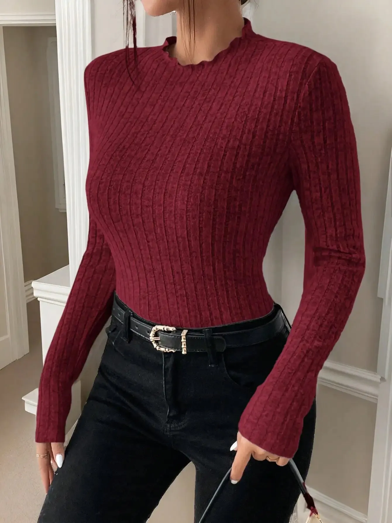 Amara Ruffle Neck Knit Sweater Top