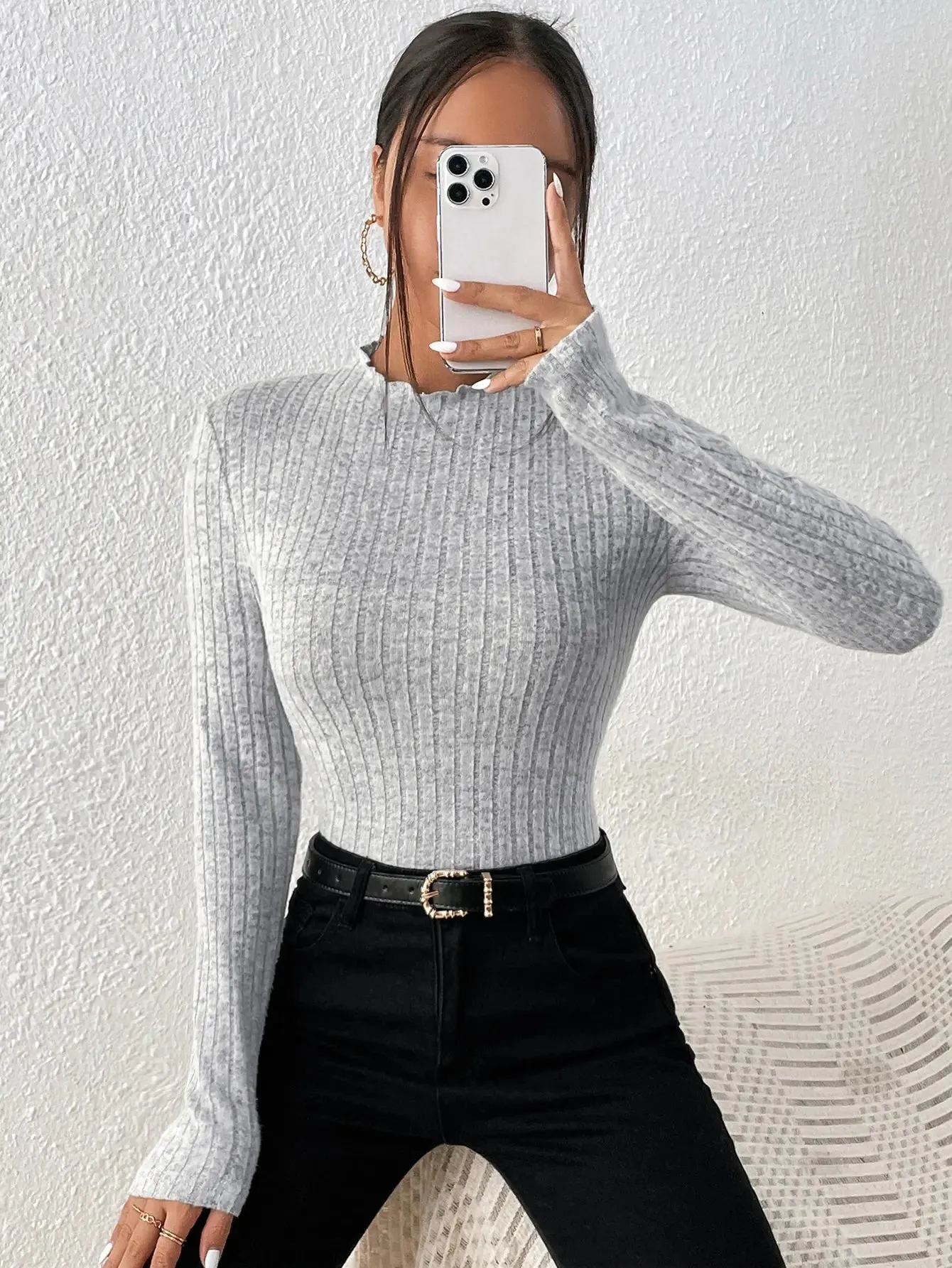 Amara Ruffle Neck Knit Sweater Top