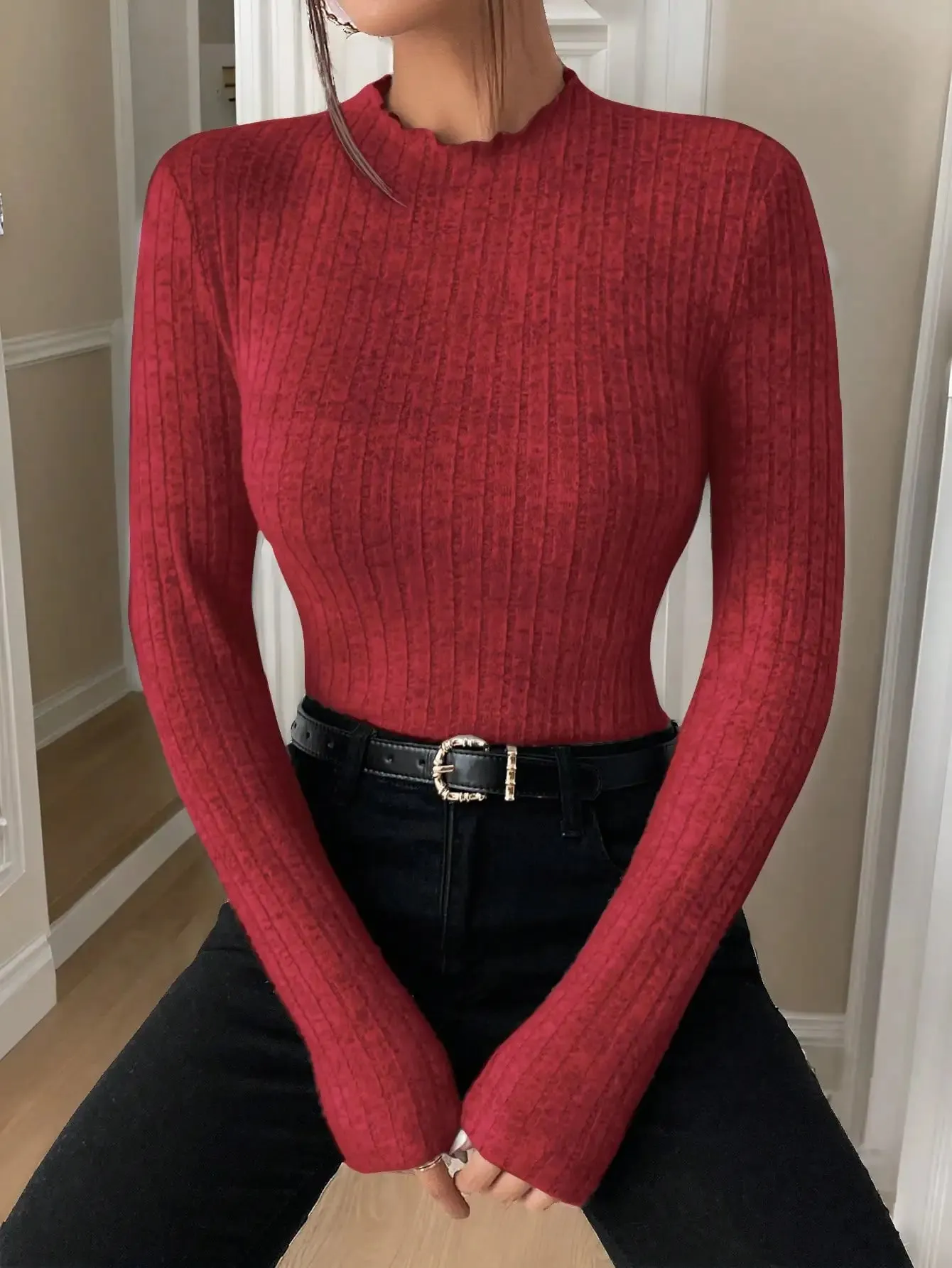 Amara Ruffle Neck Knit Sweater Top