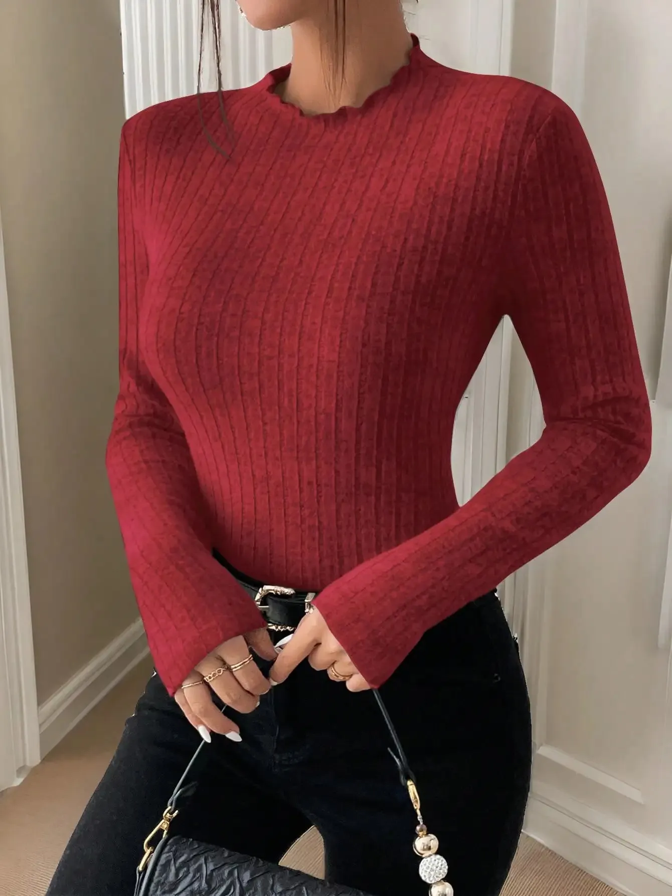 Amara Ruffle Neck Knit Sweater Top