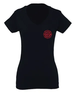 America Support Thin Red Line Fonts Firefighter Seal For Women V neck fitted T Shirt