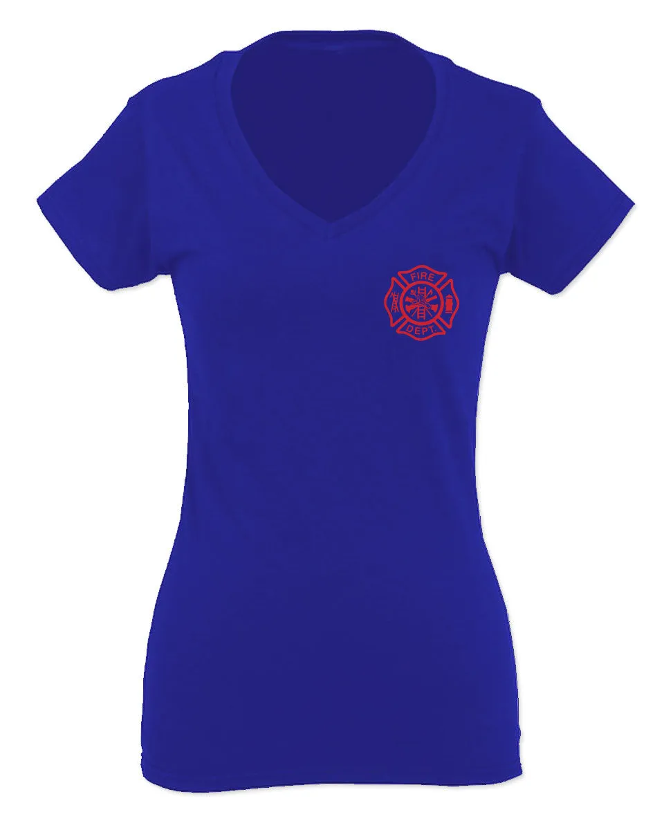 America Support Thin Red Line Fonts Firefighter Seal For Women V neck fitted T Shirt