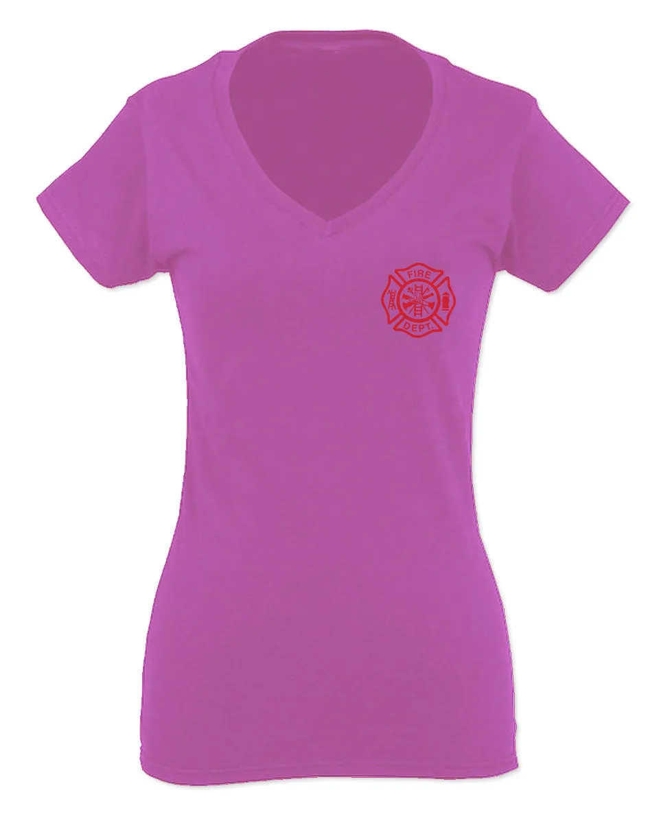 America Support Thin Red Line Fonts Firefighter Seal For Women V neck fitted T Shirt