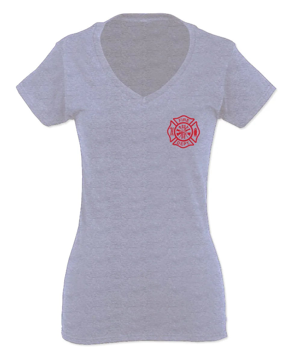 America Support Thin Red Line Fonts Firefighter Seal For Women V neck fitted T Shirt