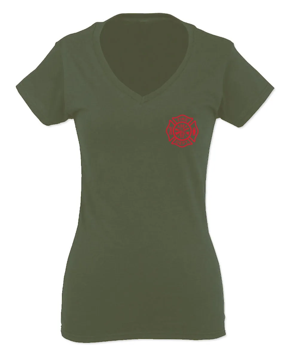 America Support Thin Red Line Fonts Firefighter Seal For Women V neck fitted T Shirt