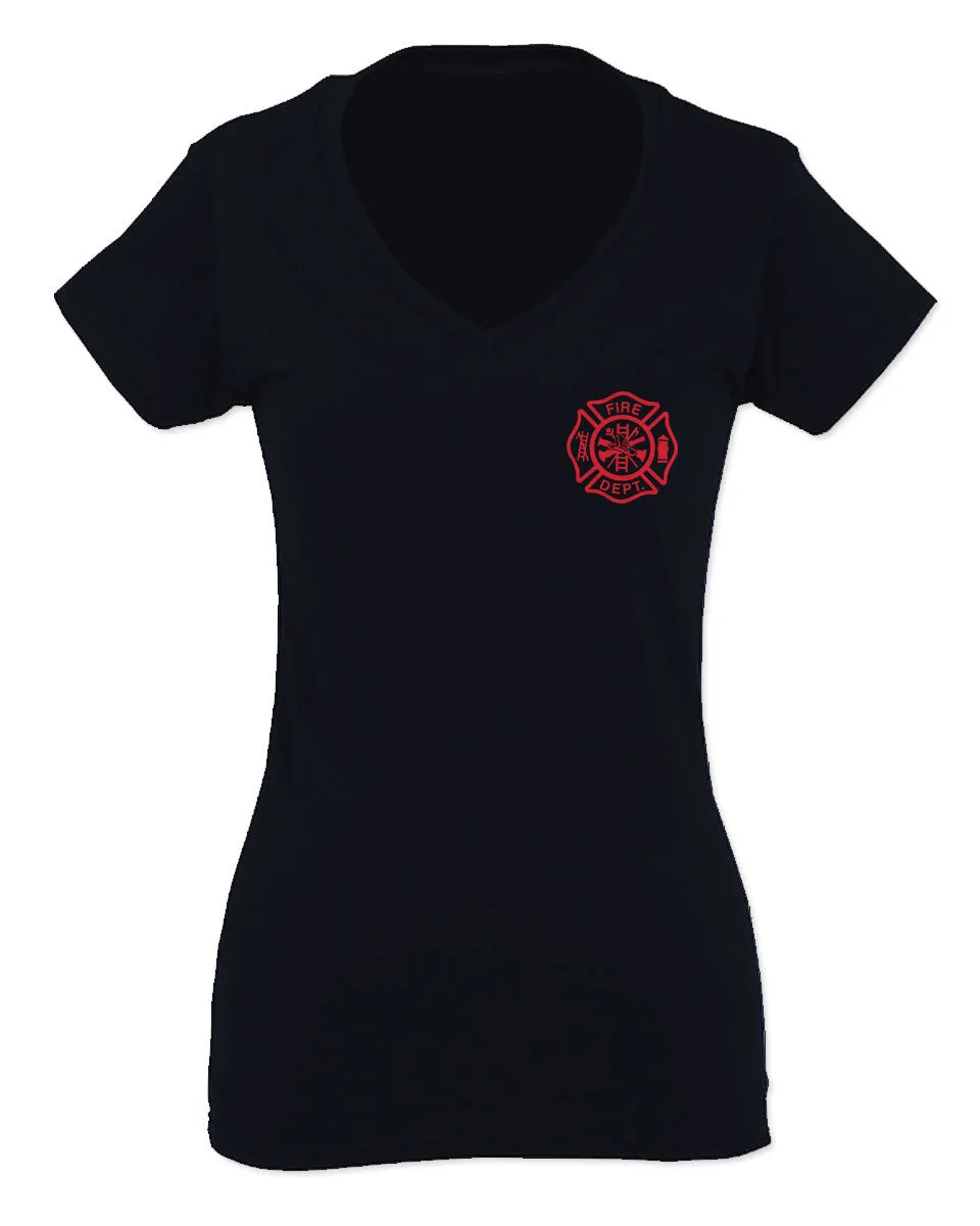 America Support Thin Red Line Fonts Firefighter Seal For Women V neck fitted T Shirt