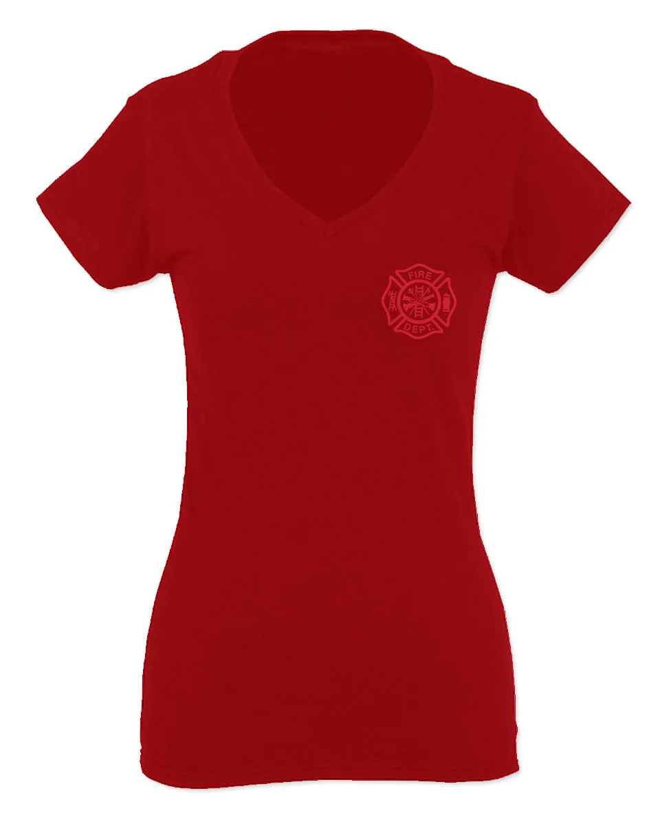 America Support Thin Red Line Fonts Firefighter Seal For Women V neck fitted T Shirt