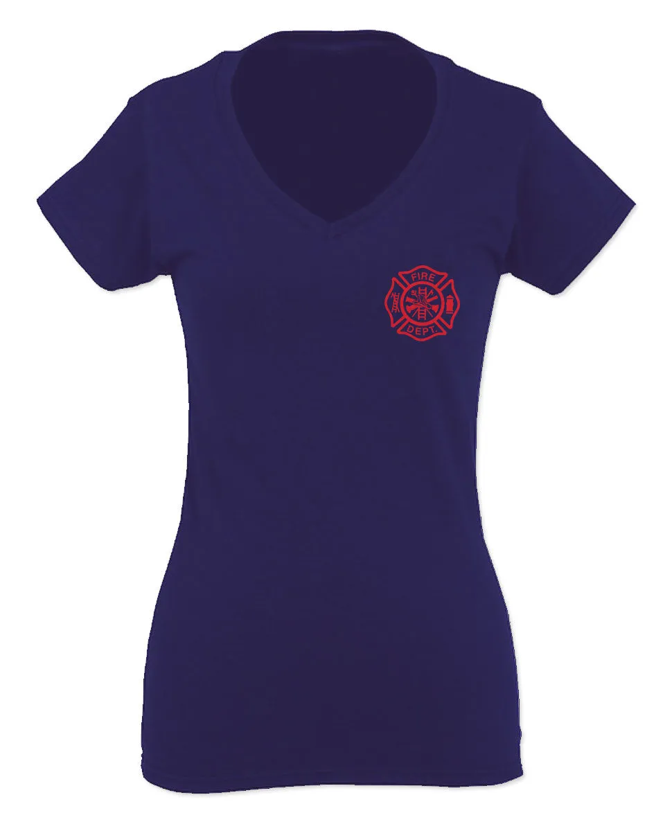America Support Thin Red Line Fonts Firefighter Seal For Women V neck fitted T Shirt