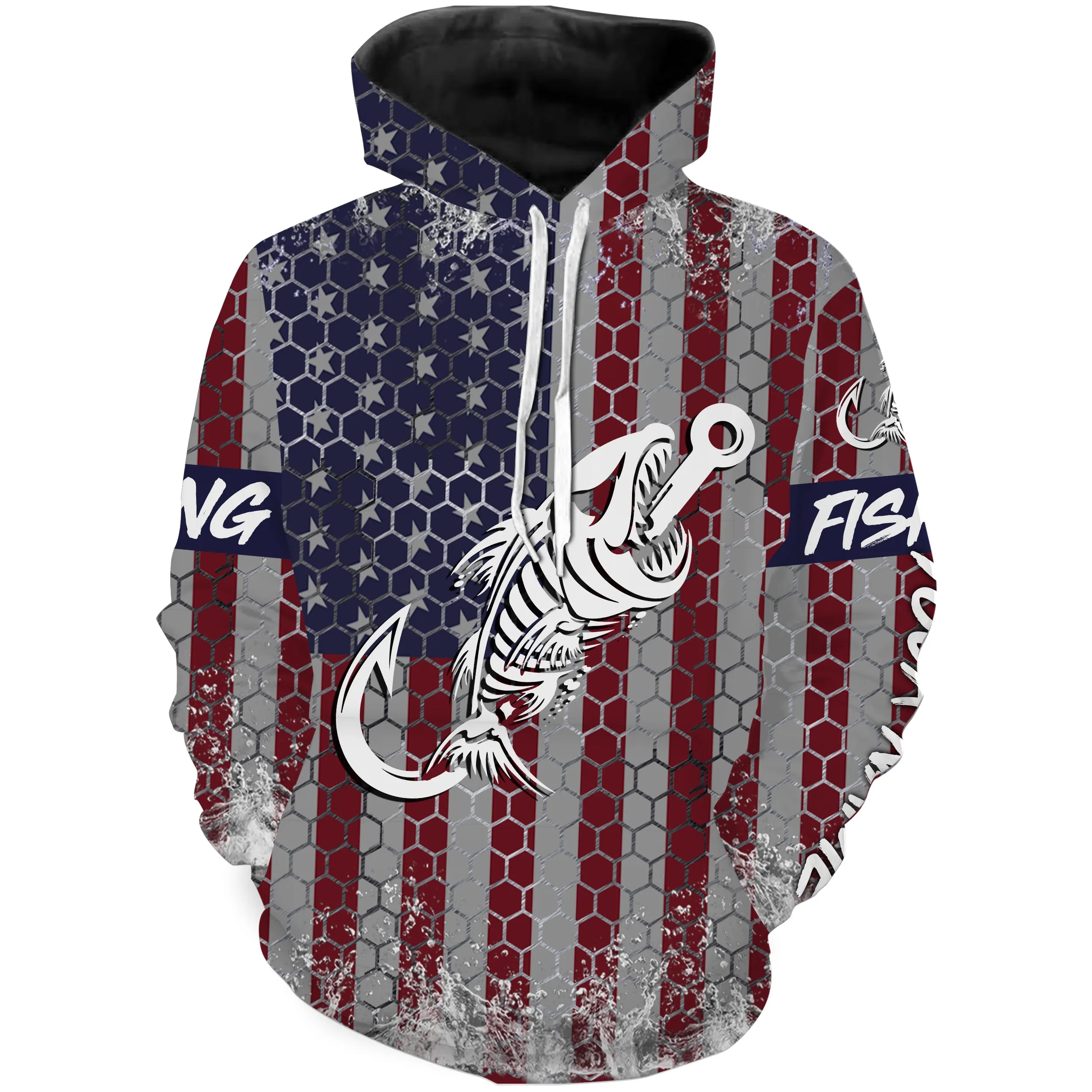 American flag fishing Fish hook skull Custom name fishing jerseys  | Hoodie - NPQ813