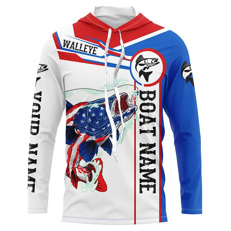 Angry Walleye American flag patriotic fishing Custom name and boat name long sleeve fishing shirts NQS5603