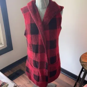 Anthro Buffalo Check Red/Black Open Front Cozy Vest Size Medium