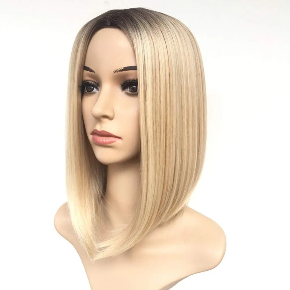 Ash Blonde 14”  Long Two tone Ombre Bob Synthetic Hair Wig | Top Quality Heat Resistant Fiber | Human Hair Feel