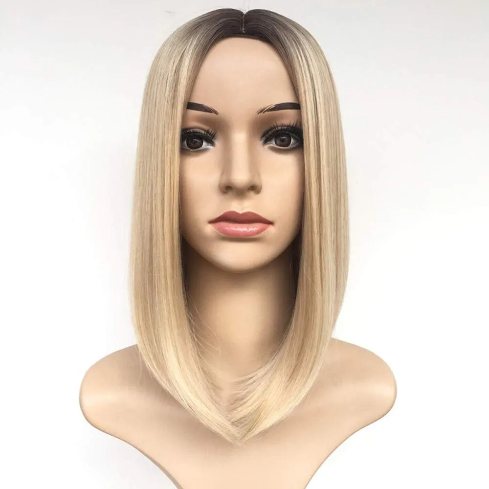 Ash Blonde 14”  Long Two tone Ombre Bob Synthetic Hair Wig | Top Quality Heat Resistant Fiber | Human Hair Feel