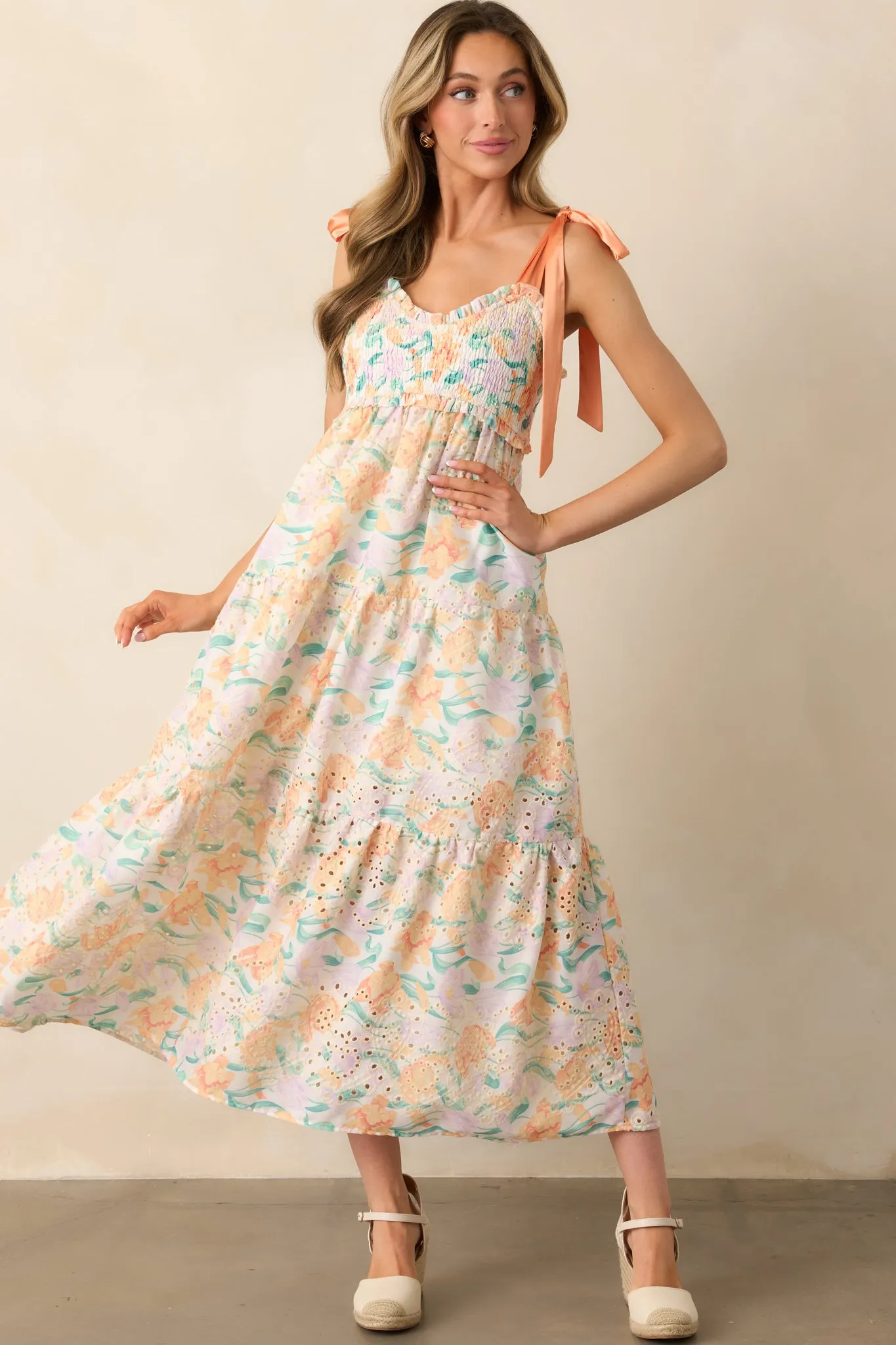 At First Glance Light Orange Embroidered Eyelet Maxi Dress