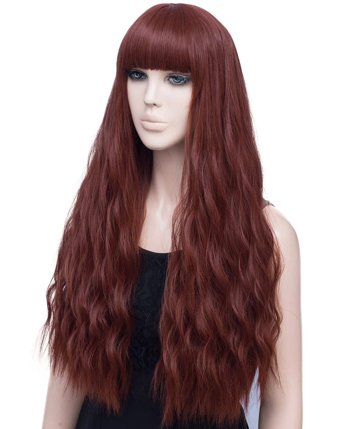 Auburn wig 28” wavy wig with bangs natural looking premium heat resistant synthetic