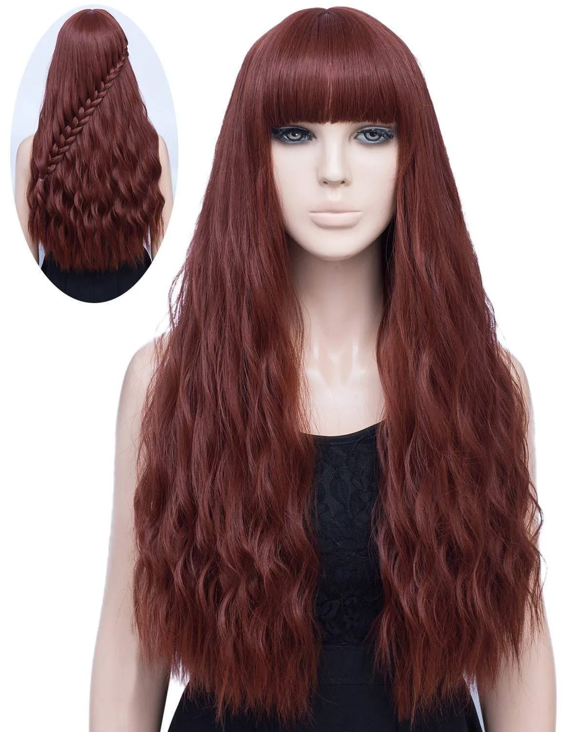 Auburn wig 28” wavy wig with bangs natural looking premium heat resistant synthetic