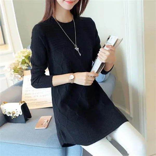 Autumn and Winter Long Thick Dress Casual Knit Thick Base Skirt Pure Color Simple Female Sweater Dress