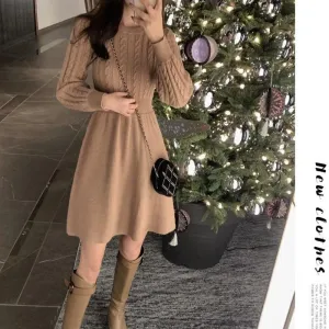 Autumn and Winter Slim Round Neck Sweater Dress Fashion Knitted Dress Solid Color Casual Women A-line Dress