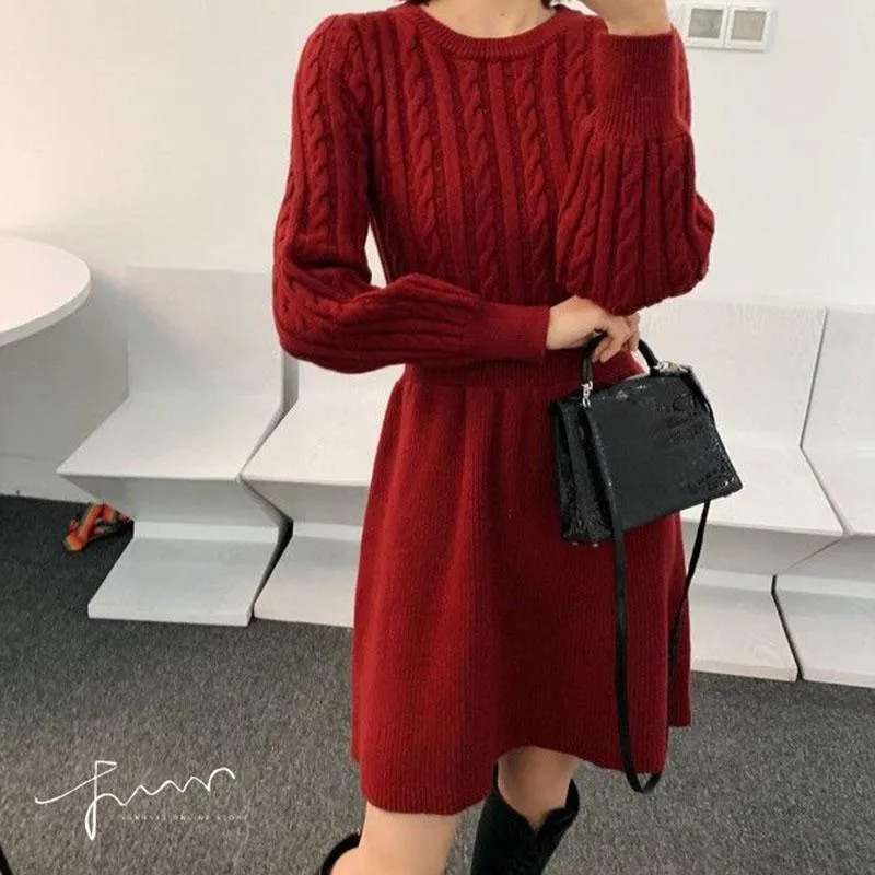Autumn and Winter Slim Round Neck Sweater Dress Fashion Knitted Dress Solid Color Casual Women A-line Dress