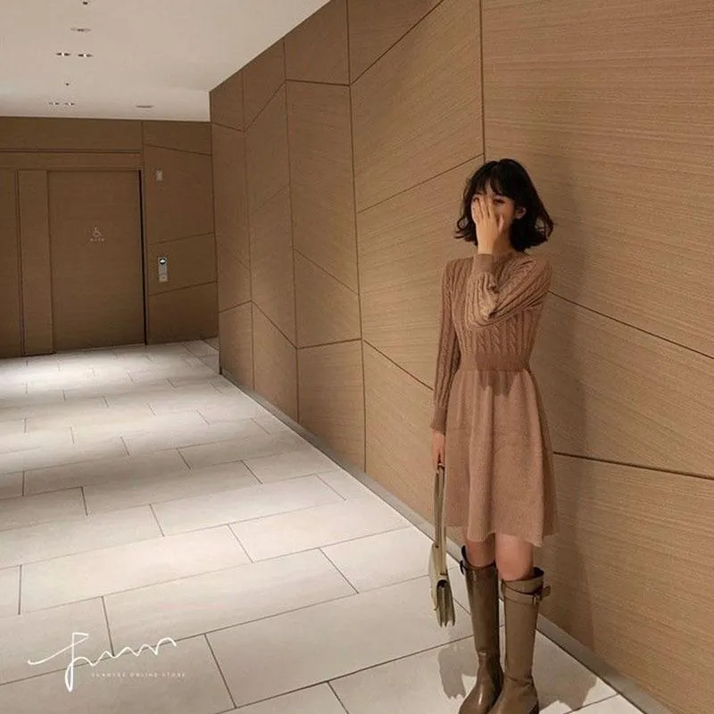 Autumn and Winter Slim Round Neck Sweater Dress Fashion Knitted Dress Solid Color Casual Women A-line Dress