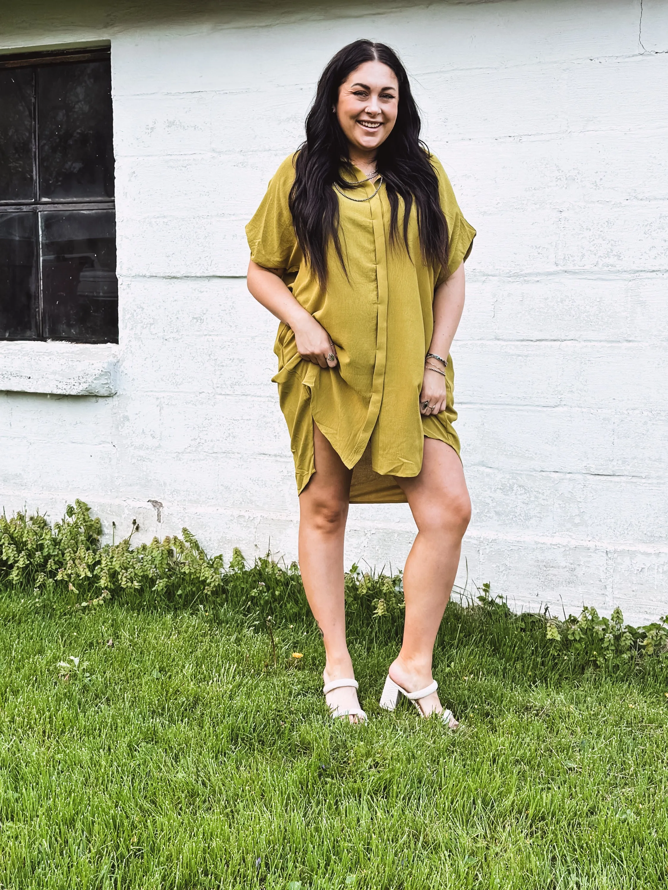 Avocado Button Front Dolman Dress