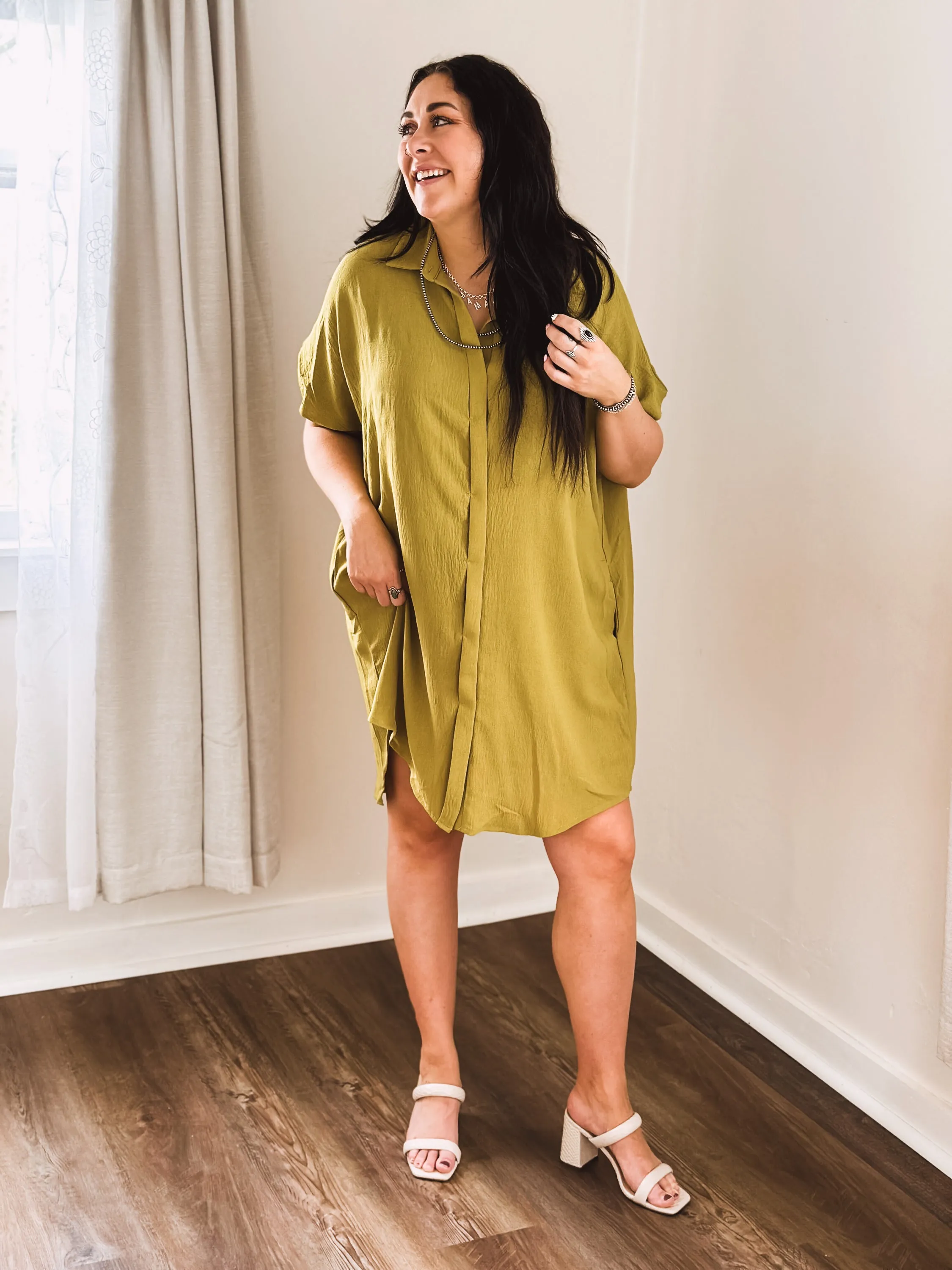 Avocado Button Front Dolman Dress