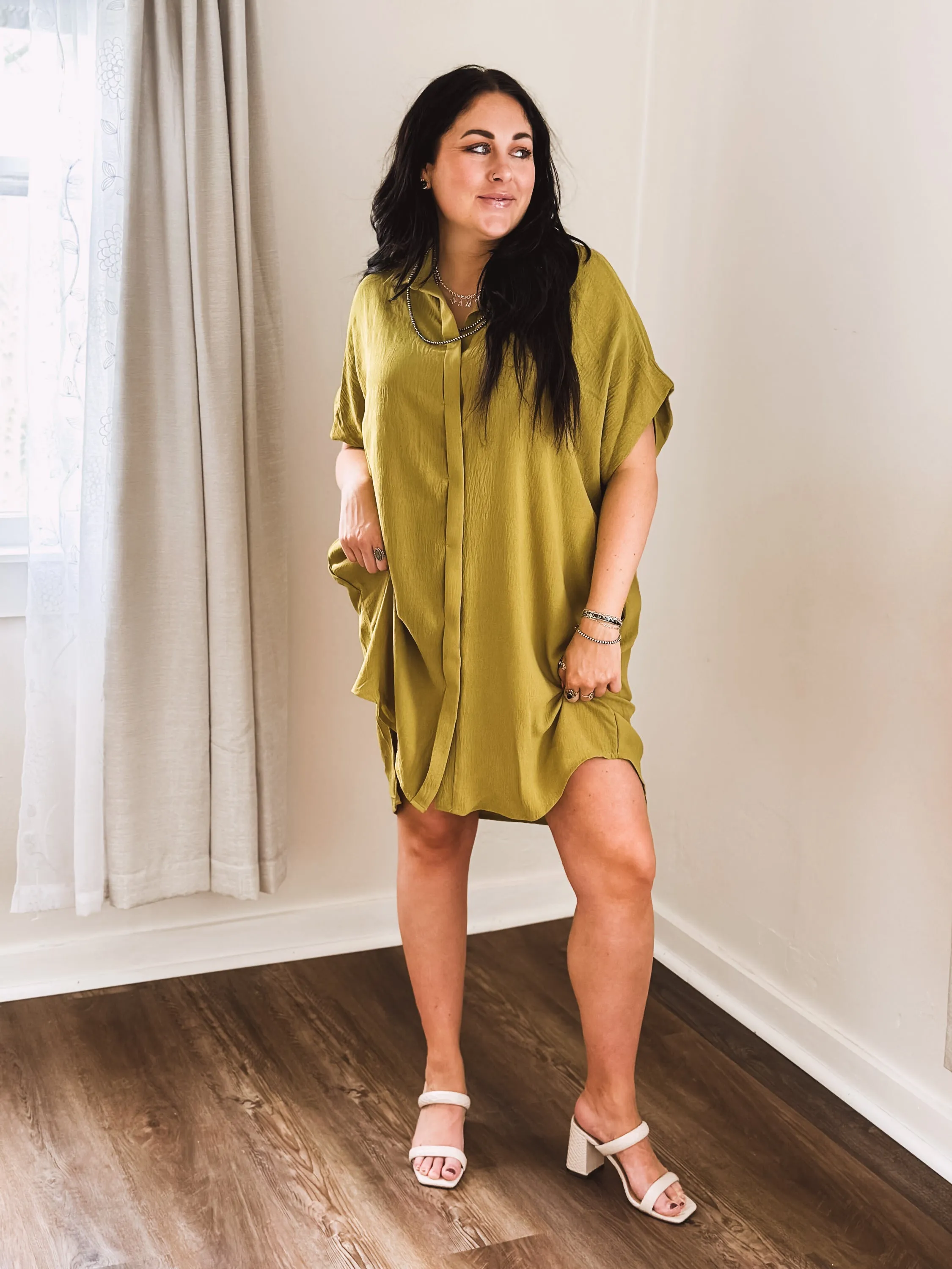 Avocado Button Front Dolman Dress