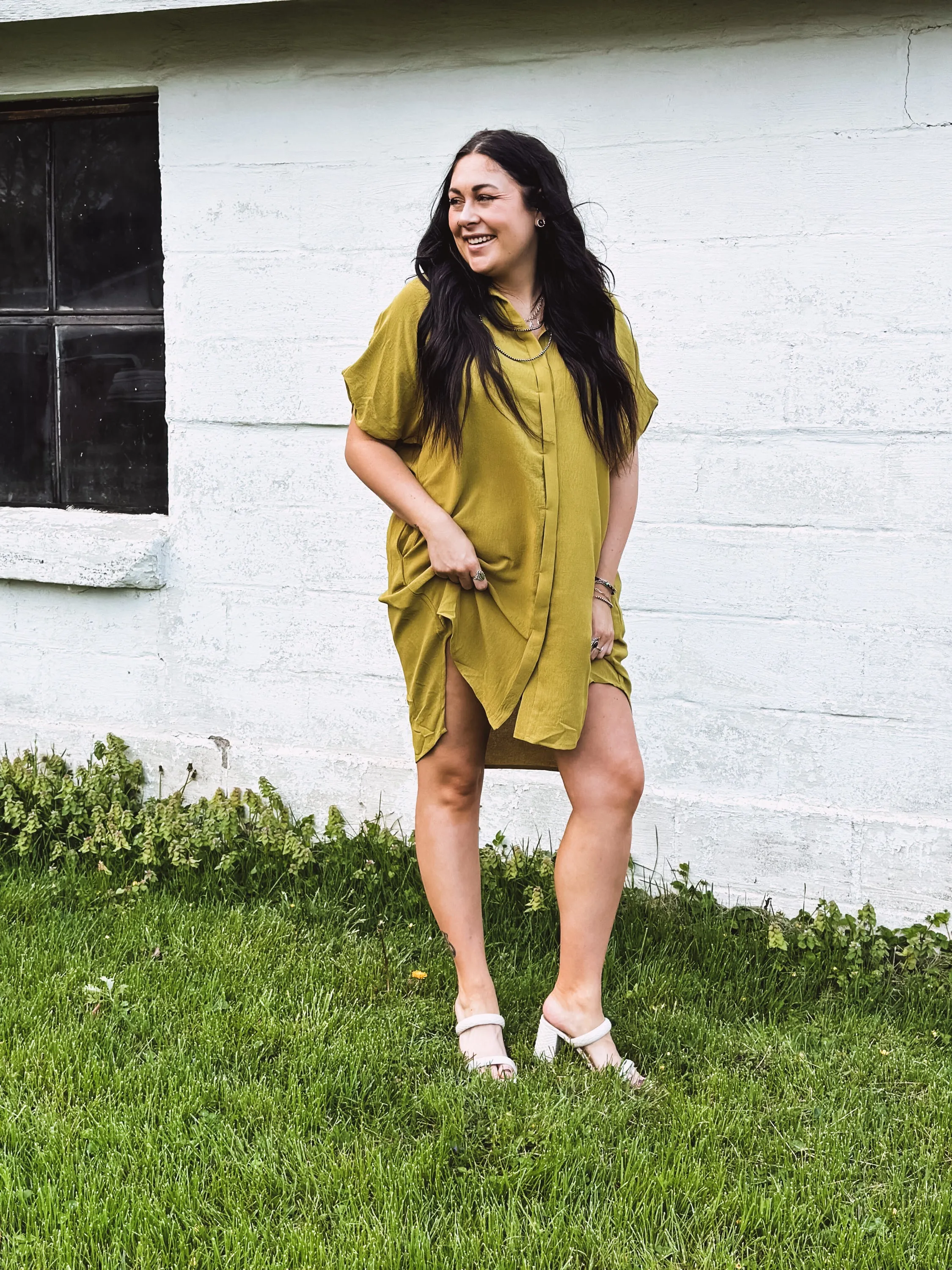Avocado Button Front Dolman Dress