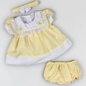 Baby Girl Lemon Yellow Summer Dress Set – Sailor Style with Embroidered Flowers & Matching Accessories
