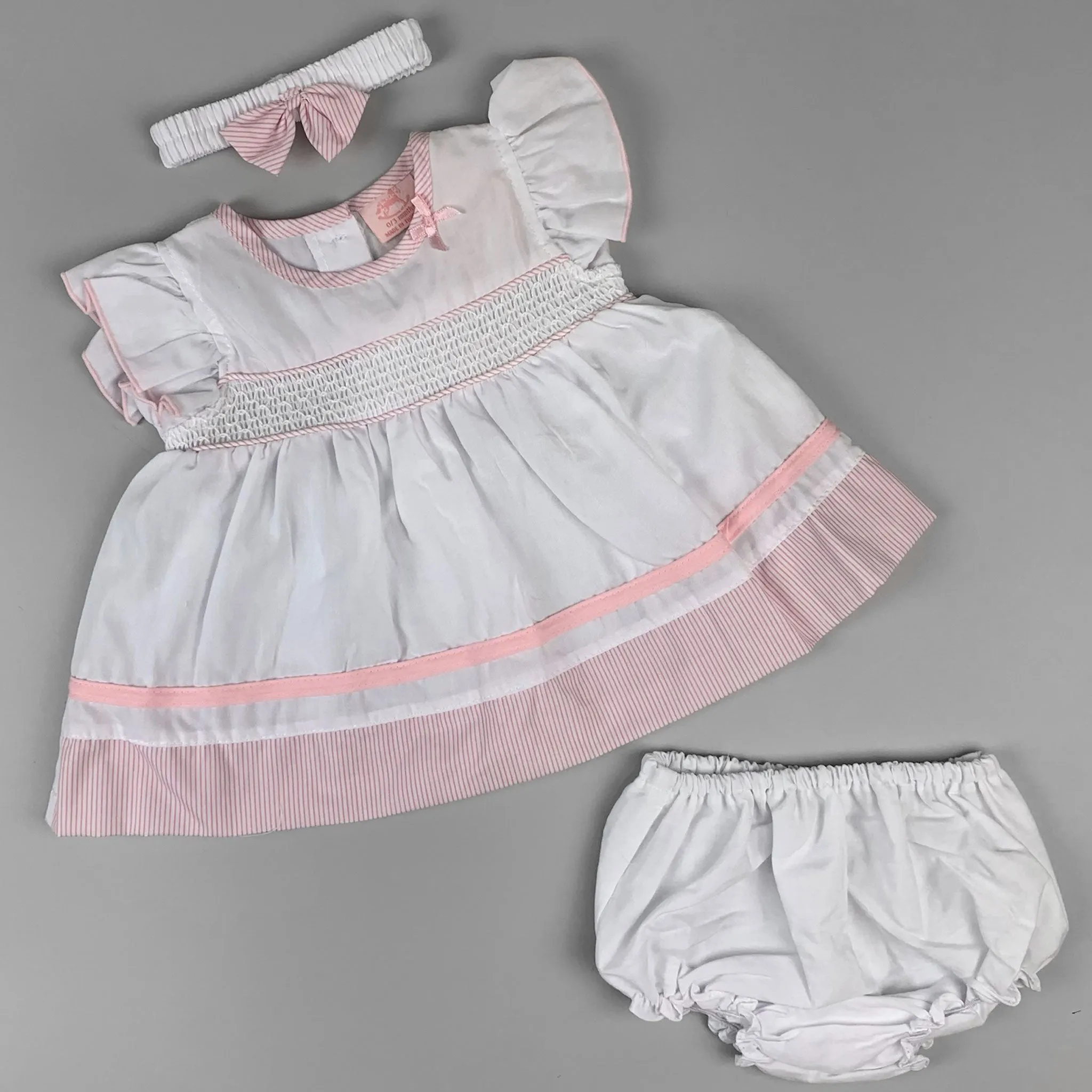 Baby Girl White Summer Dress Set – Smocked Front, Pink Striped Accents & Matching Accessories