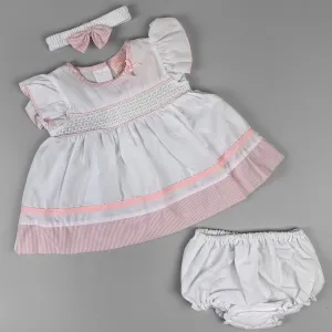 Baby Girl White Summer Dress Set – Smocked Front, Pink Striped Accents & Matching Accessories