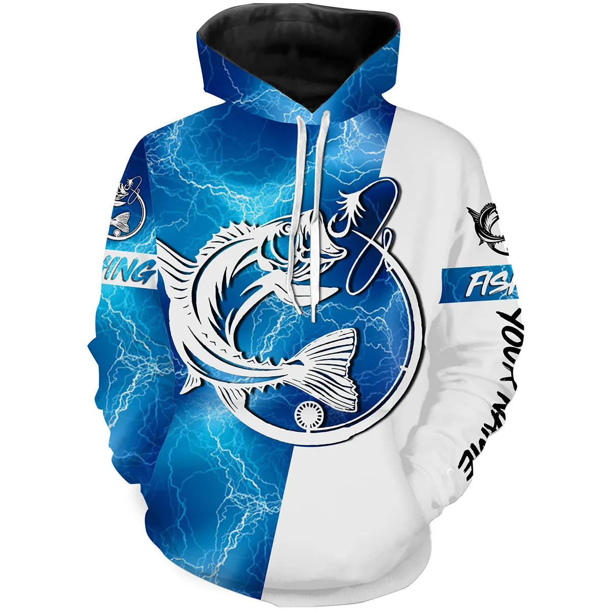 Bass Fishing tattoo blue lightning Customize name 3D All Over Printed fishing hoodie NPQ468